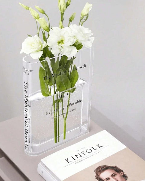 Boekvormige Acryl Bloemenvaas - Uniek en Elegant Decorstuk